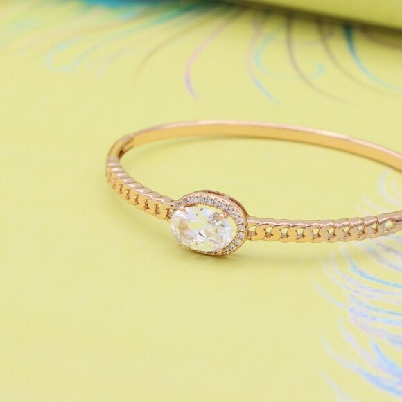 Oval Stone Rose Gold Bangle with Chain-Style Detailing, XPBL0443 - Picture 5 of 12